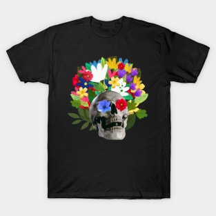 sweet and subliminal skeletal skull with flowers of various colors T-Shirt